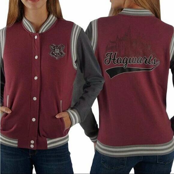 Harry Potter Hogwarts Juniors Maroon Varsity Sweater Jacket Size Large - Picture 1 of 12